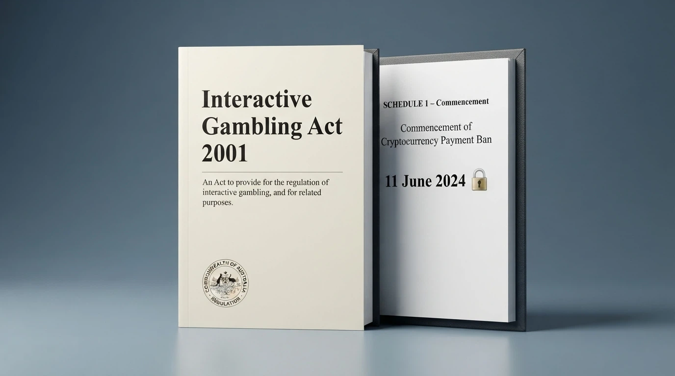A document-style visual featuring the Interactive Gambling Act 2001 title page beside a calendar date of 11 June 2024 — the day the crypto payment ban commenced — with the ACMA logo visible