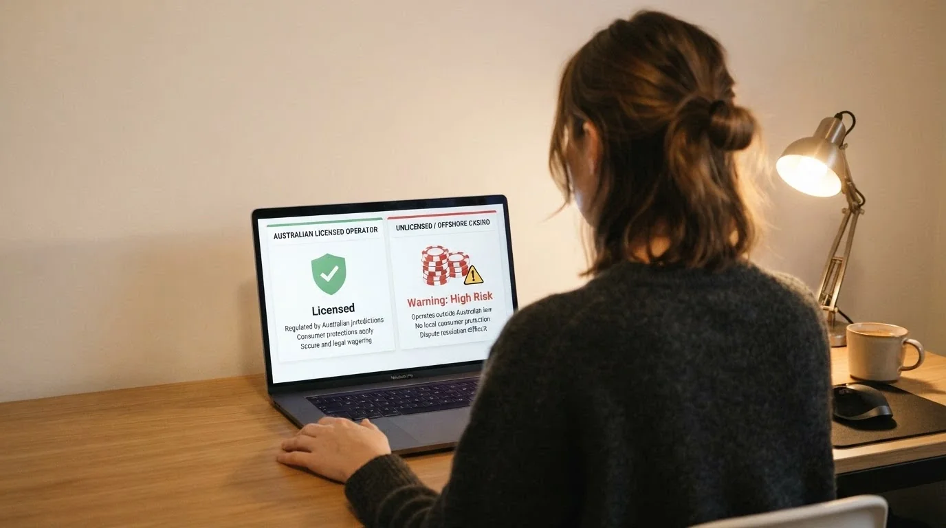 A person at a desk looking at two paths represented on screen — one showing a licensed Australian wagering logo with a BetStop badge, the other showing an offshore casino with a warning icon