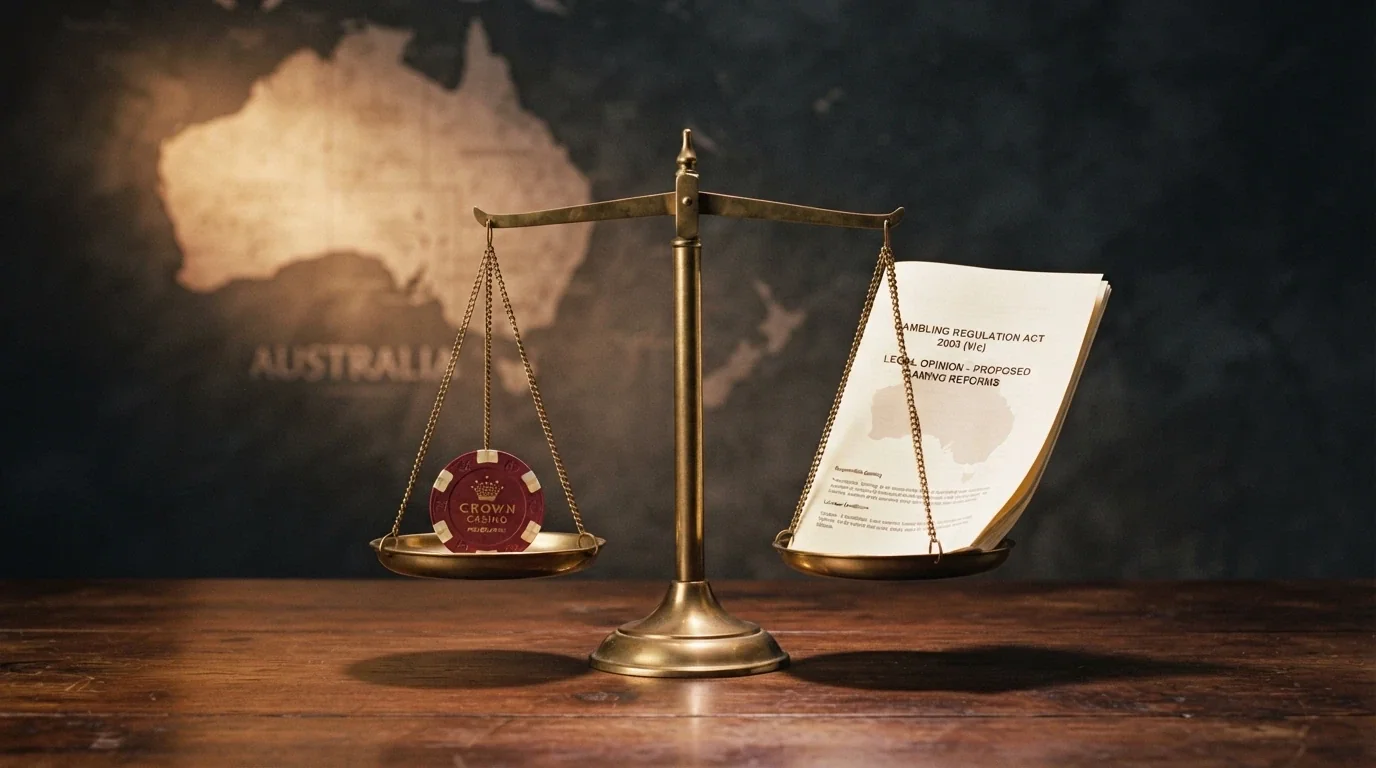 A balanced scale with a casino chip on one side and the Interactive Gambling Act document on the other, an Australian map silhouette in the background
