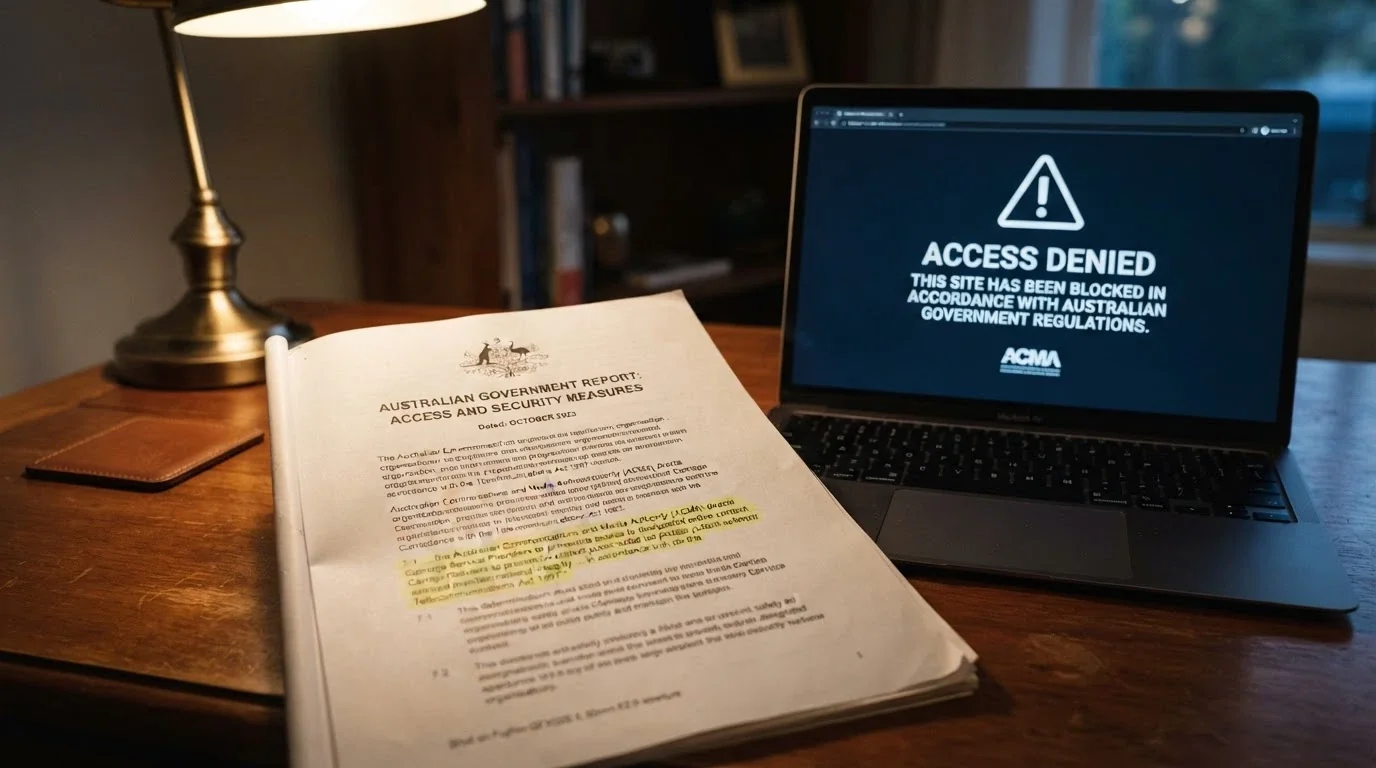 A document labelled “Interactive Gambling Act 2001” open on a desk, with a highlighted section, beside a screen showing an ACMA-blocked-site notice
