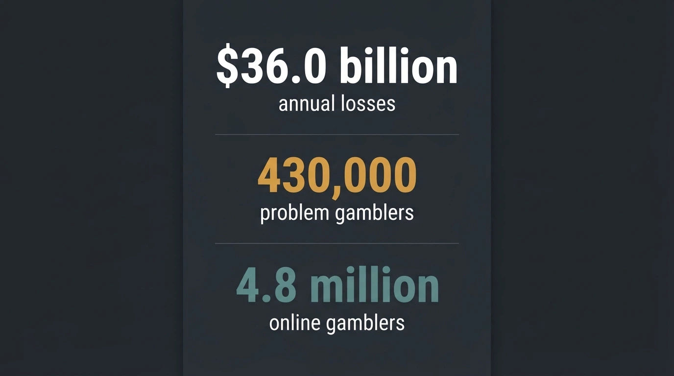 An infographic showing the key figures: $36.0 billion in annual losses, 430,000 problem gamblers, 4.8 million online gamblers