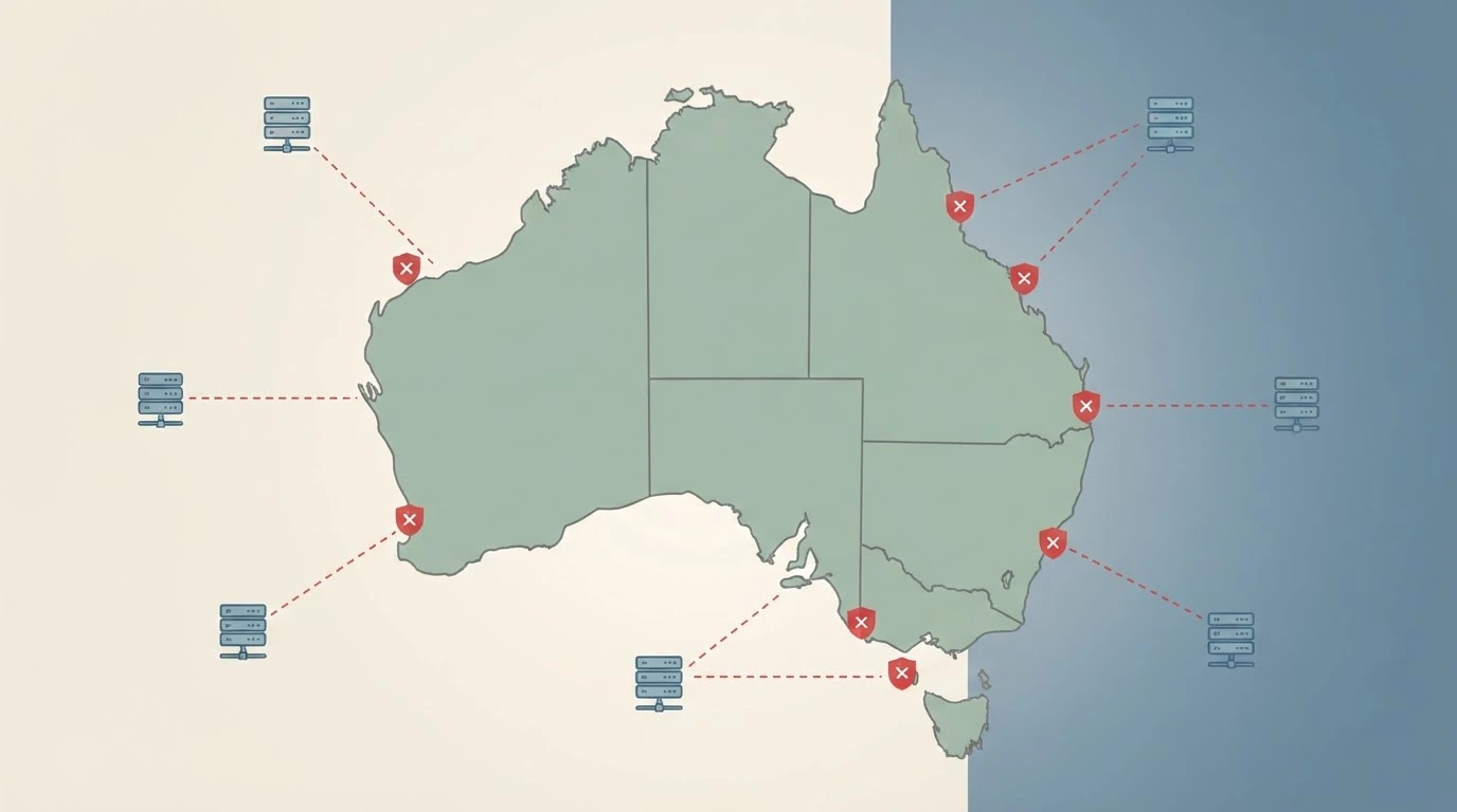 A simplified regulatory map of Australia with offshore casino server locations marked by lines crossing the border, and ACMA blocking icons on the Australian side