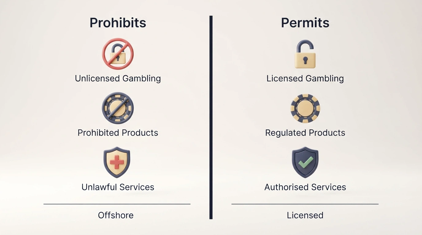 A simplified visual breakdown of what the Interactive Gambling Act 2001 prohibits vs permits, with offshore and licensed sectors clearly separated