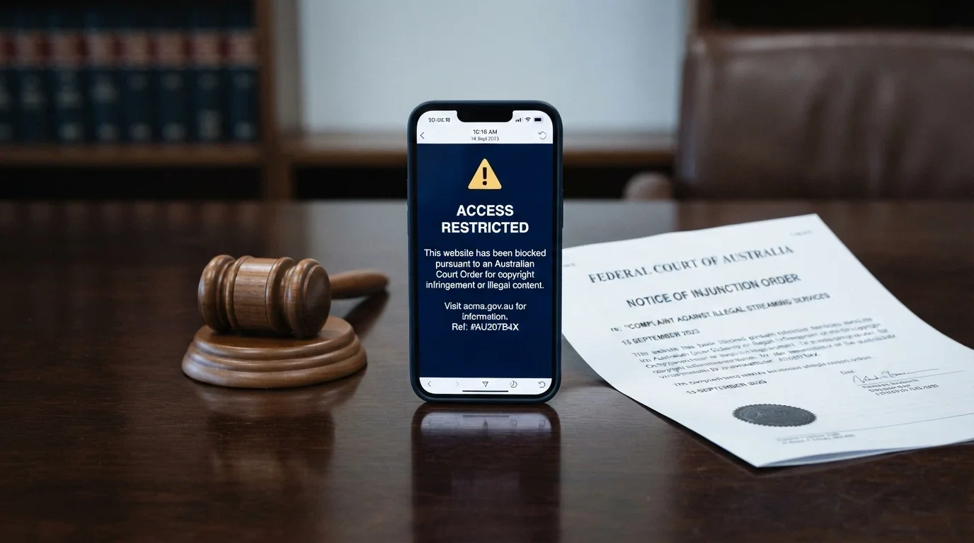 A smartphone screen displaying an ACMA blocking notice page beside a gavel and a document titled Interactive Gambling Act 2001