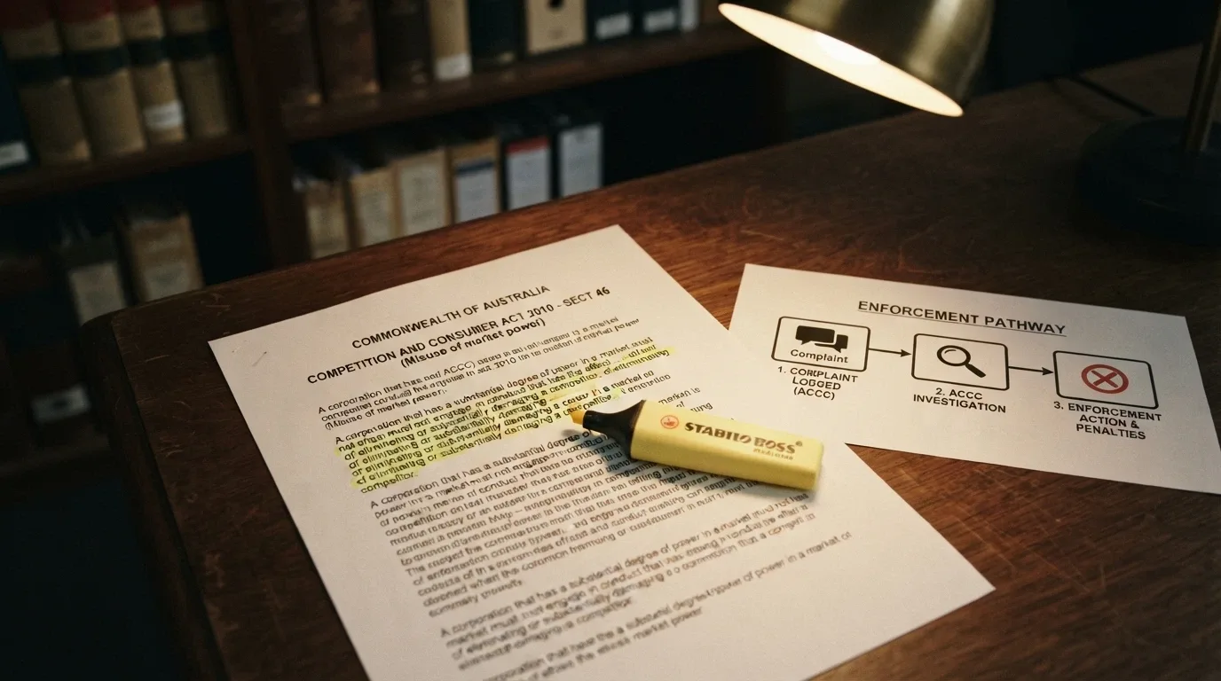 A government-style document page with the Interactive Gambling Act 2001 header and a highlighter over the prohibition clause, beside a simplified diagram of the ACMA enforcement pathway (complaint → investigation → ISP block).
