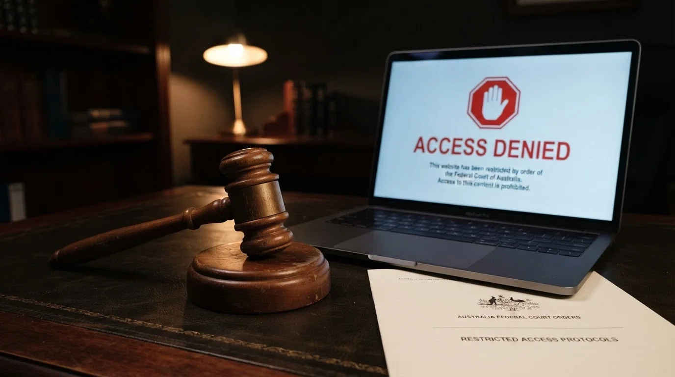 A gavel resting on a document labelled Interactive Gambling Act 2001 beside a laptop displaying a blocked-website notice