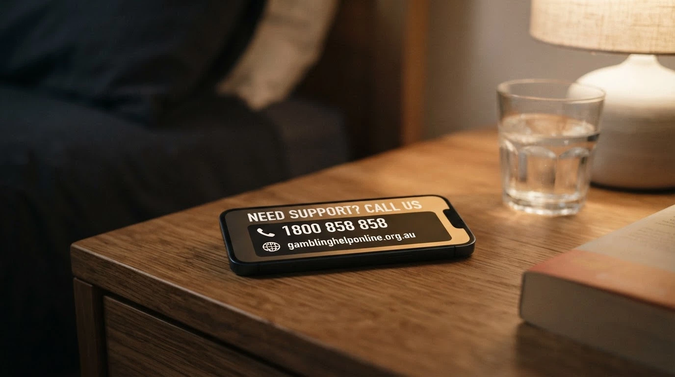 A close-up of a wallet card or phone screen showing the National Gambling Helpline number 1800 858 858 alongside the Gambling Help Online URL