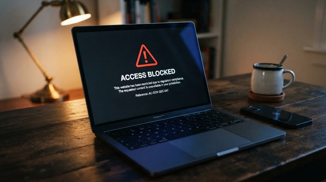 The ACMA logo beside an excerpt from the Interactive Gambling Act 2001, with a blocked-website notice screen in the background