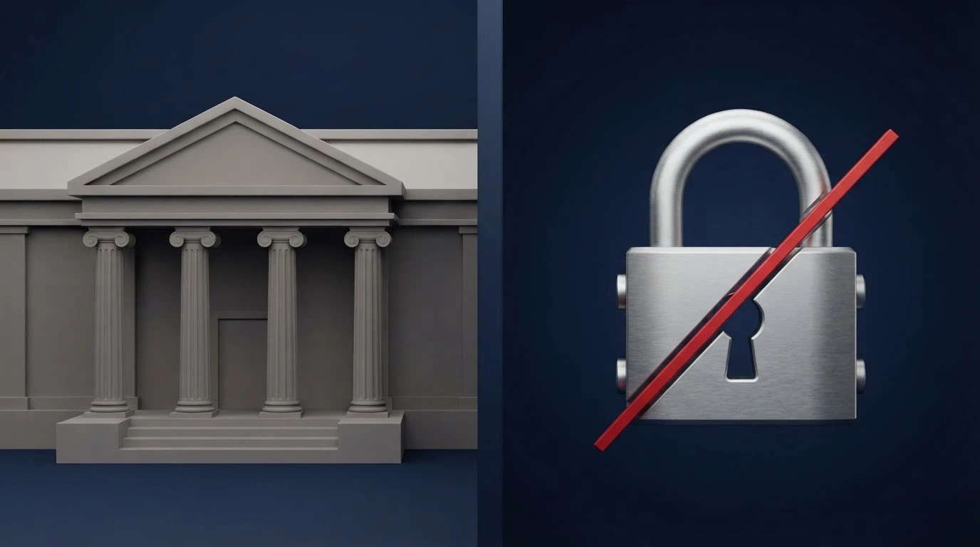 The ACMA logo or a stylised government-building icon beside a lock symbol with a line through it, on a navy background