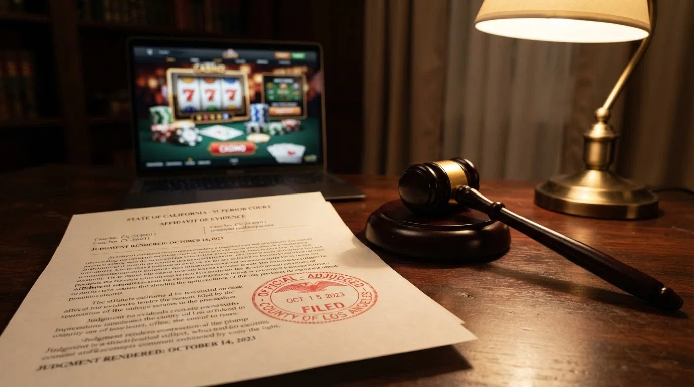 A gavel beside a document marked “Interactive Gambling Act 2001” with a red “Prohibited” stamp over an online casino interface