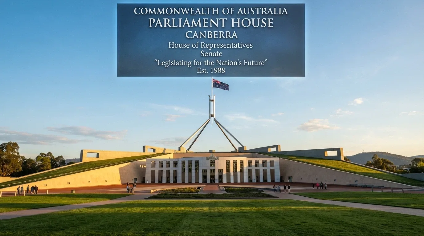 The Australian Parliament House in Canberra, with the text of the Interactive Gambling Act 2001 overlaid in a semi-transparent pane — the building representing the law, not a courtroom scene