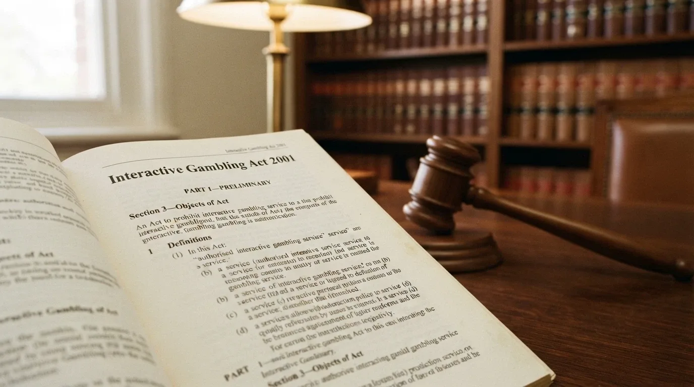 A close-up of Australian legislation text with the Interactive Gambling Act 2001 visible, beside a gavel on a desk