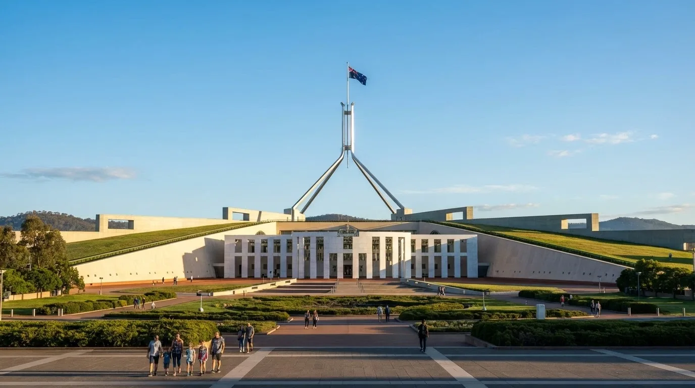 The Australian Parliament House in Canberra with the Australian flag against a clear sky