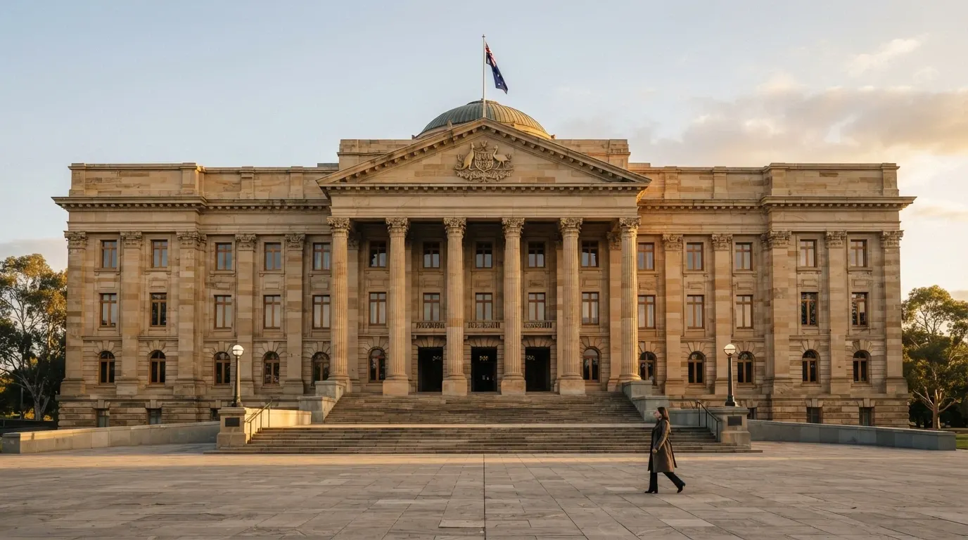 A government-building facade with a subtle overlay of the Interactive Gambling Act title page and an ACMA logo, clean and authoritative