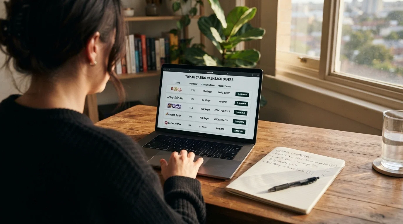 An Australian player at a laptop reviewing cashback casino options, with a notepad listing protections vs percentages