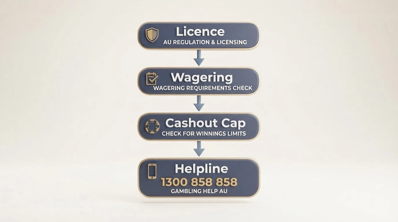 A simple visual decision-flow or checklist: verify licence → check wagering → know cashout cap → keep the helpline number