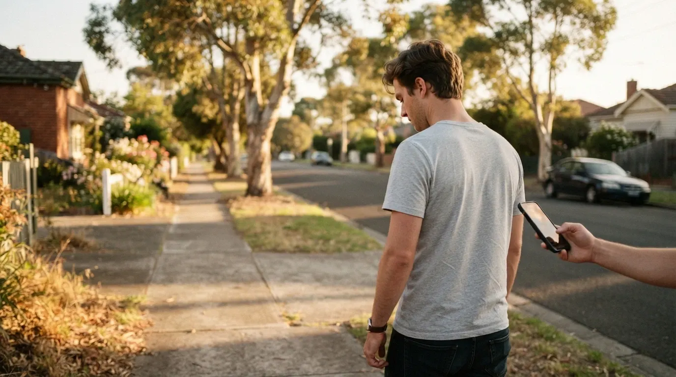 An Australian consumer outdoors in warm natural light, looking at their phone with a thoughtful expression, casino icons subtly reflected in the screen but not legible