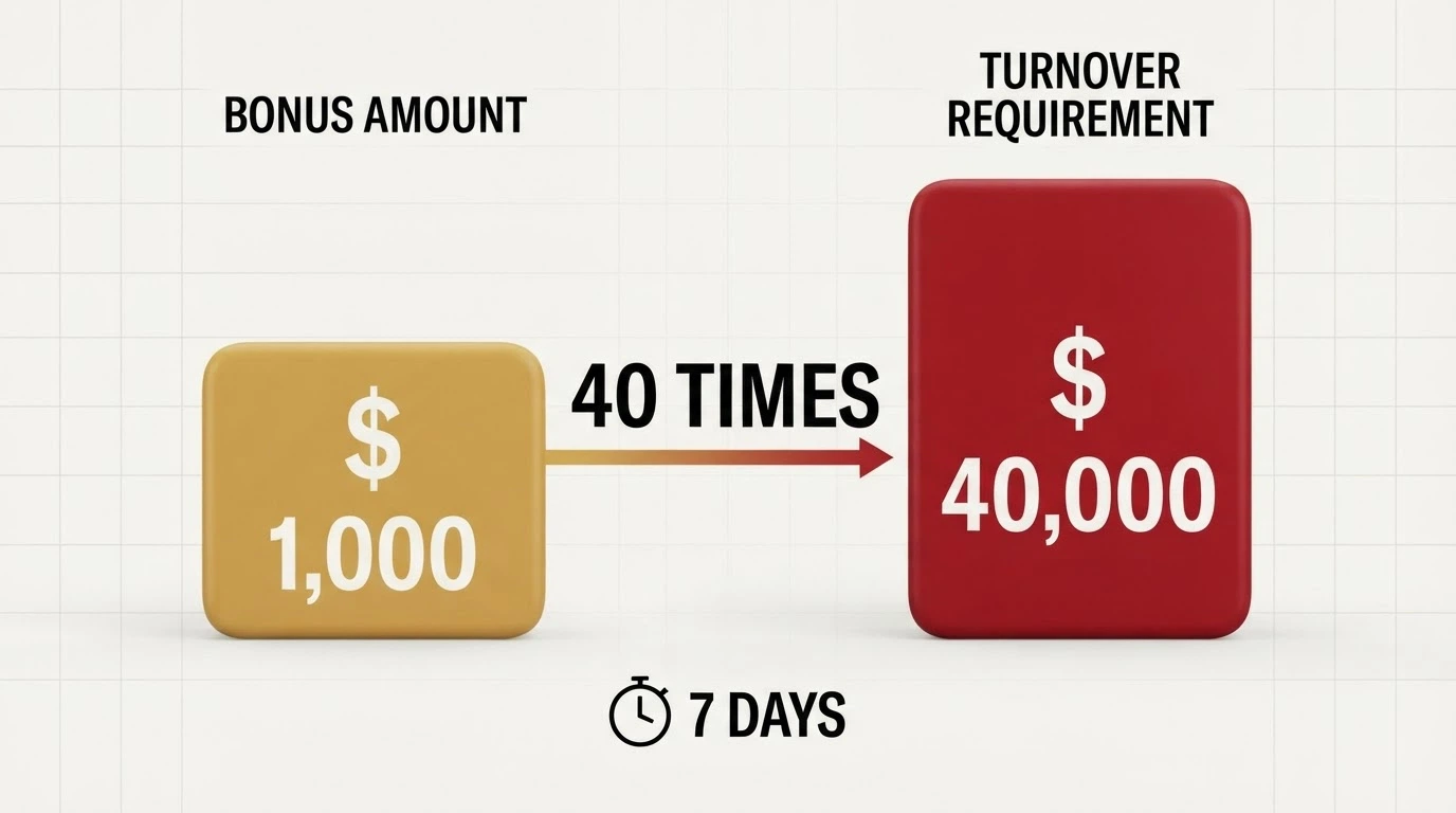 A calculator or ledger-style visual contrasting a large bonus headline figure with the much larger turnover requirement it generates after a 40x wagering multiple