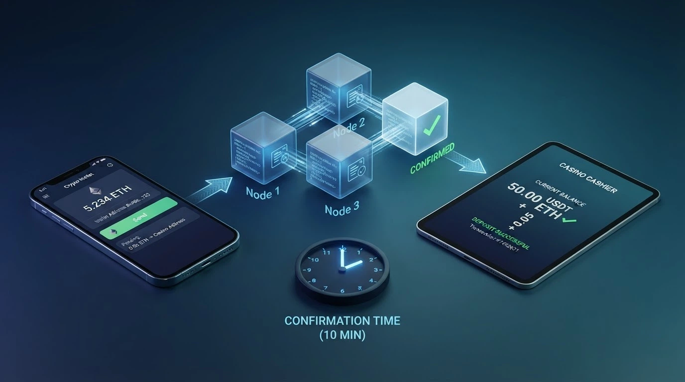 A three-step diagram showing a BCH wallet sending funds through a blockchain confirmation to a casino cashier balance, with a clock icon marking the ~10-minute confirmation window
