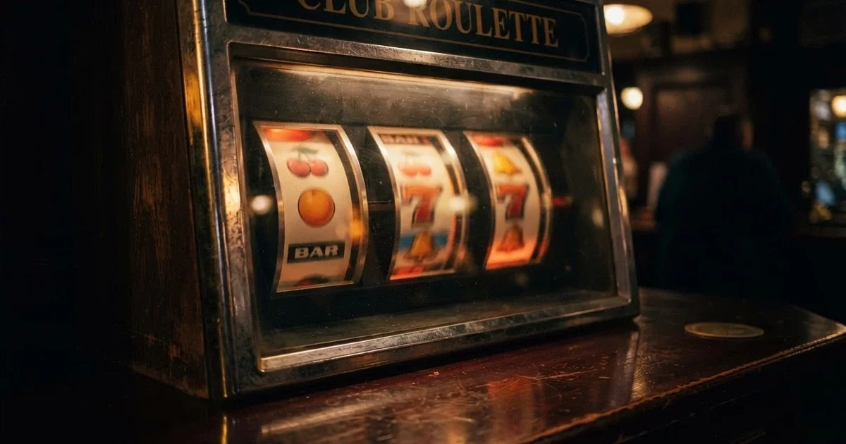 A row of three classic fruit-machine reels, spinning, with cherry and bar symbols visible against a dark casino-style background