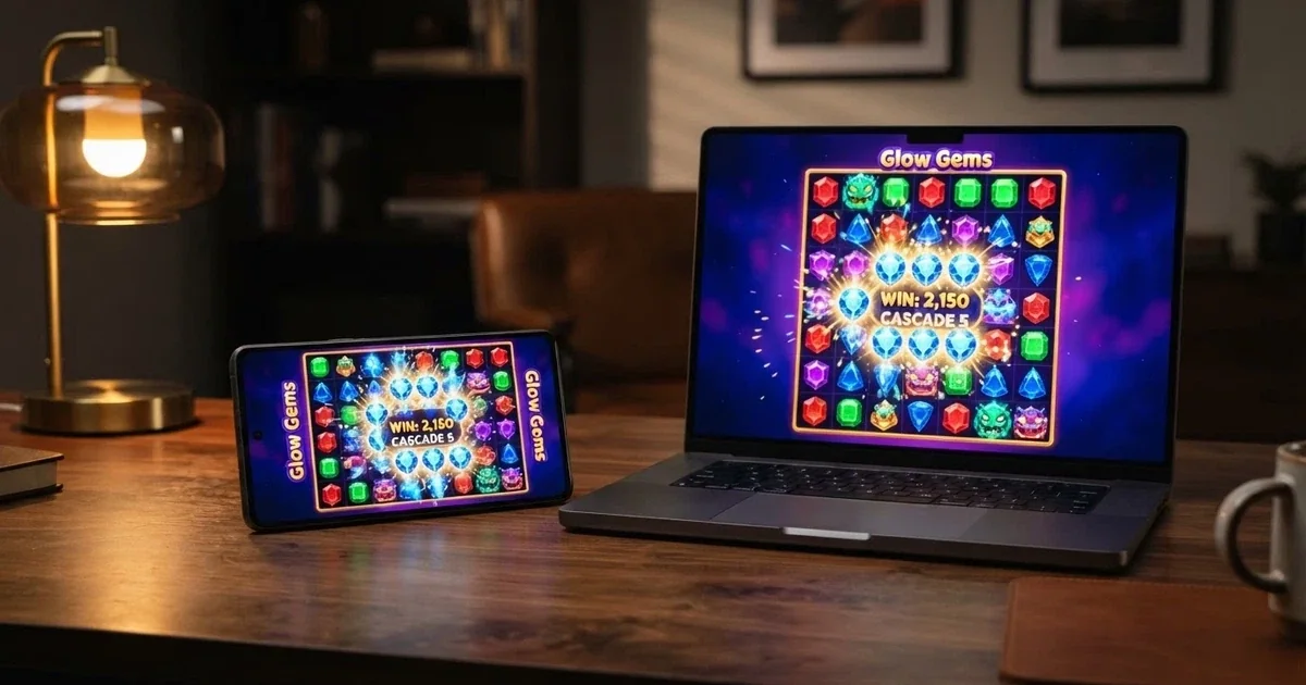 A colourful 7×7 grid slot game interface showing cluster-pays win animations on a smartphone and a desktop screen side by side