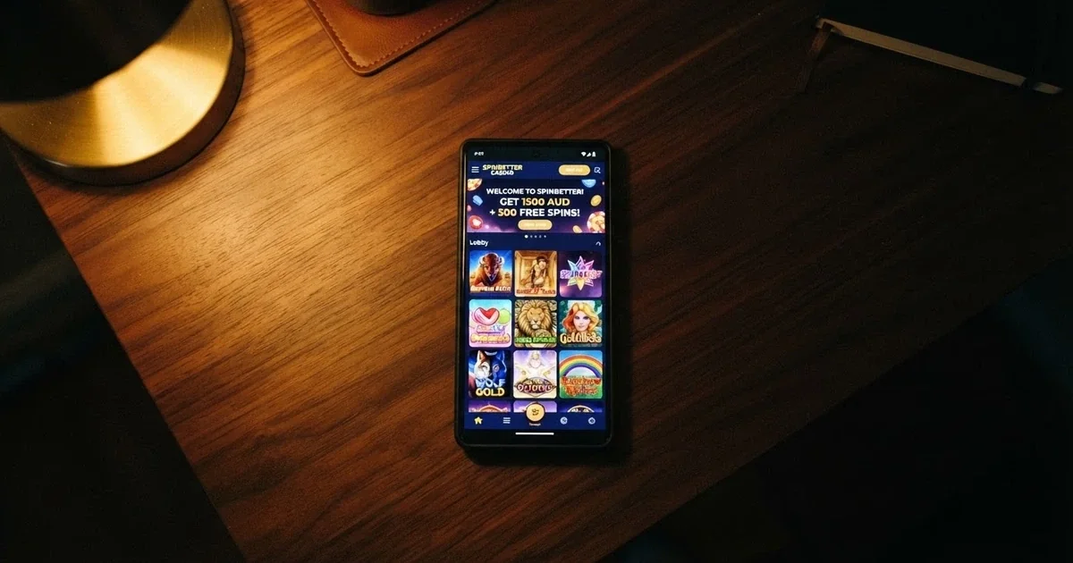 A smartphone screen displaying a colourful online casino lobby with pokie thumbnails and a welcome-bonus banner