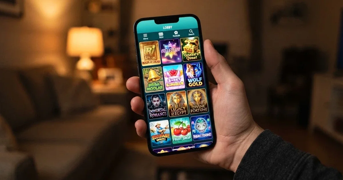 A smartphone held in one hand displaying a mobile casino lobby with pokies thumbnails in portrait orientation