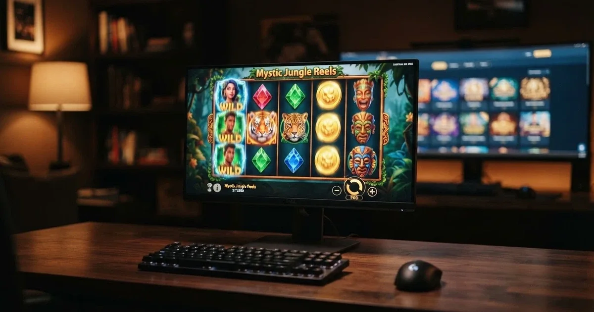 Betsoft 3D slot reels spinning on a desktop screen with the Australian-facing casino lobby behind it
