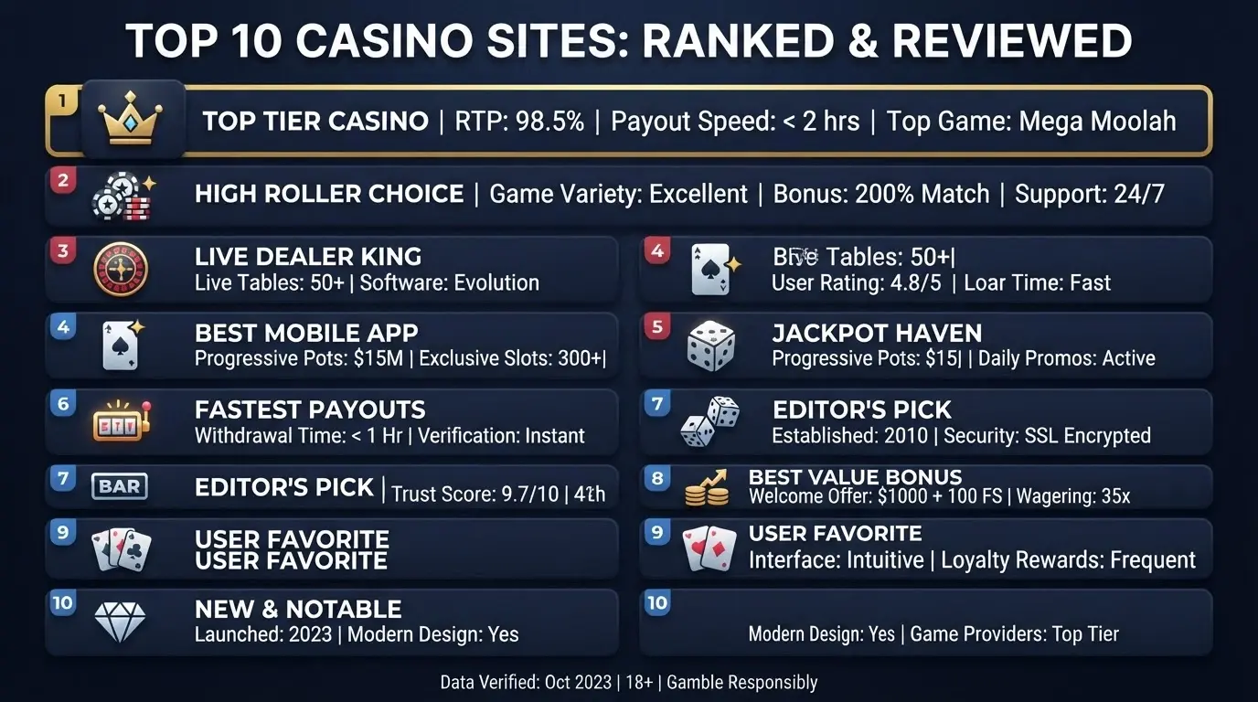 A side-by-side grid of casino logos arranged in ranked order with key stats listed beneath each one