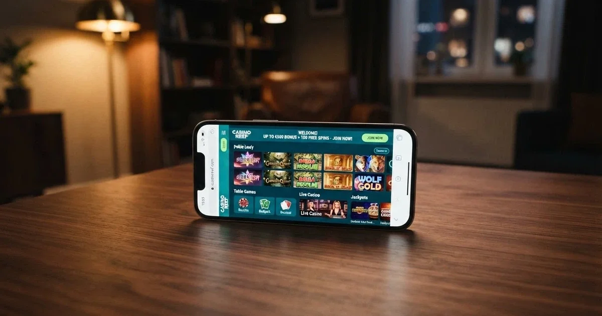 iPhone screen showing an online casino lobby with pokies, table games and a welcome-bonus banner in a mobile browser
