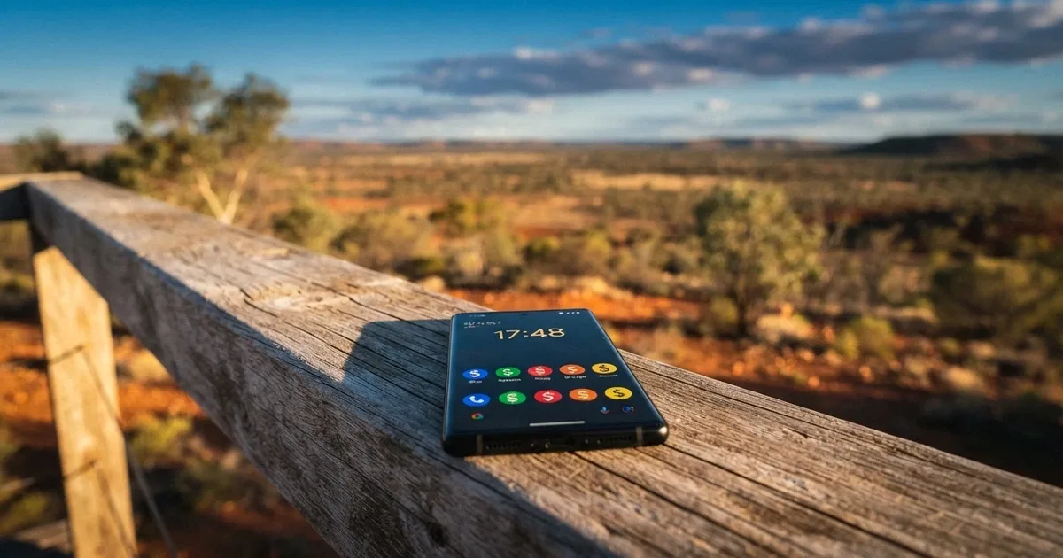 A smartphone screen showing a row of colourful casino app icons with Australian dollar symbols, blurred outback horizon behind the device