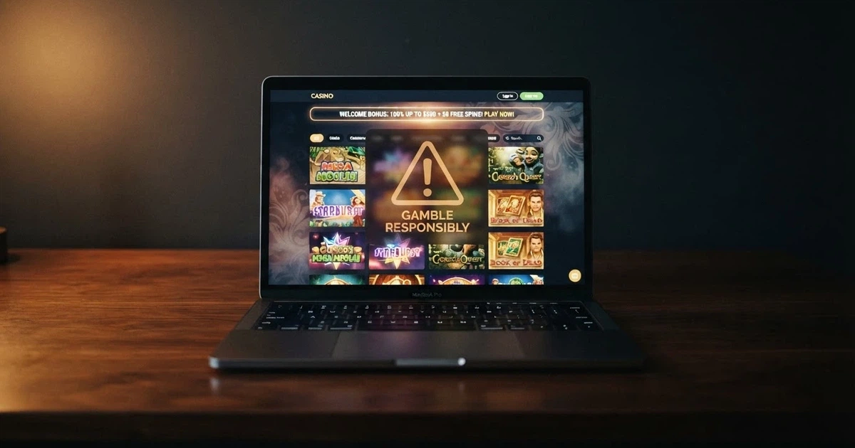 An online casino game lobby on a laptop screen, with pokie thumbnails and a glowing welcome-offer banner, overlaid with a translucent warning symbol and the Australian coat of arms fading into the background