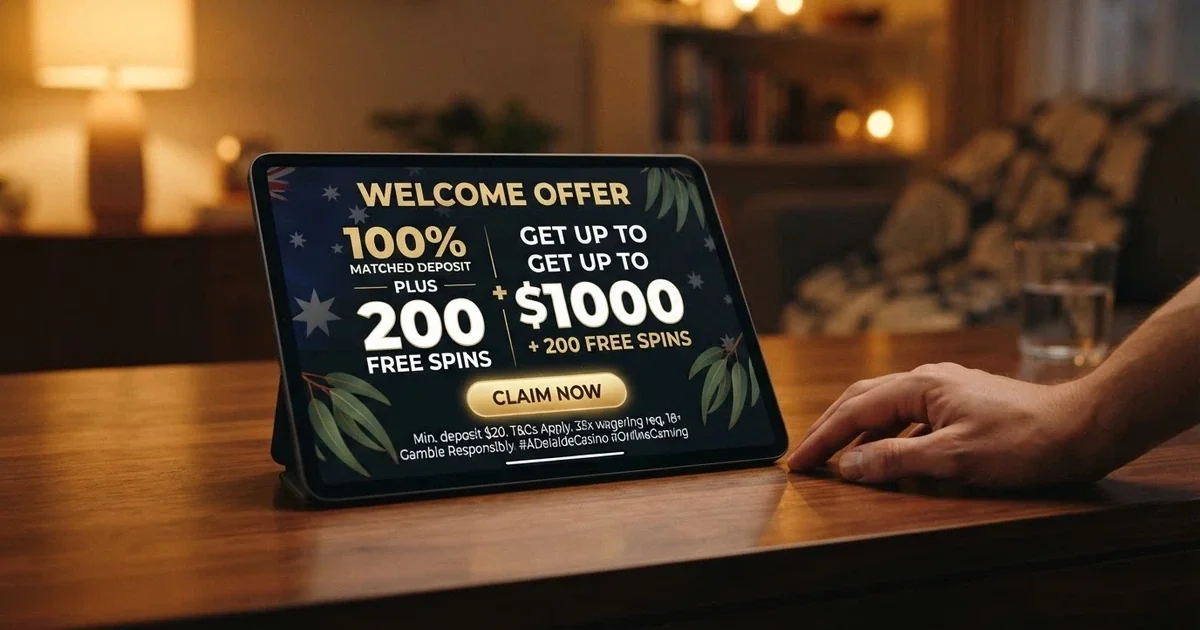 A casino welcome-offer screen showing a matched-deposit percentage, a free-spin count and a claim button beside T&Cs in small print