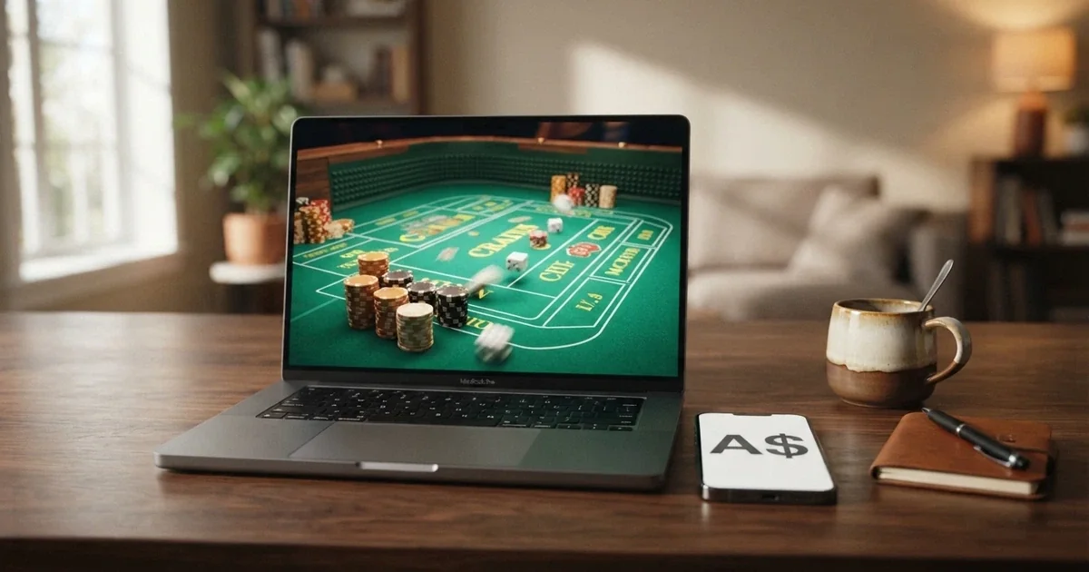 A laptop screen displaying an online craps table with AUD chip denominations and a PayID deposit confirmation beside it