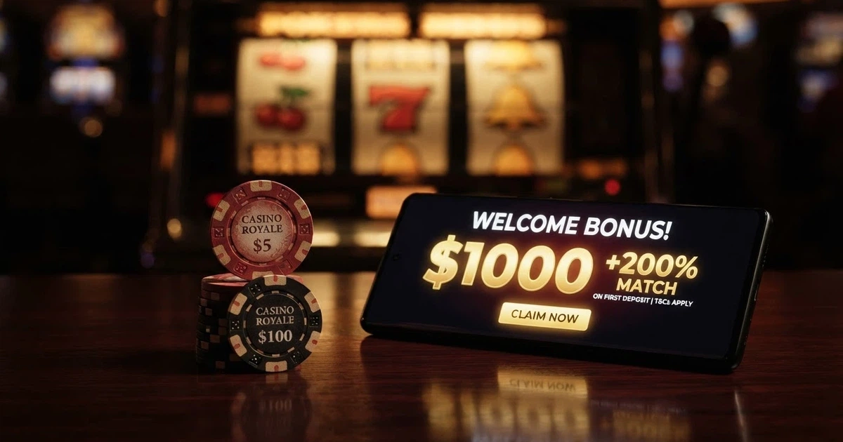 A stack of Australian dollar notes beside a smartphone showing a casino welcome-offer screen, with a pokies reel visible in the background