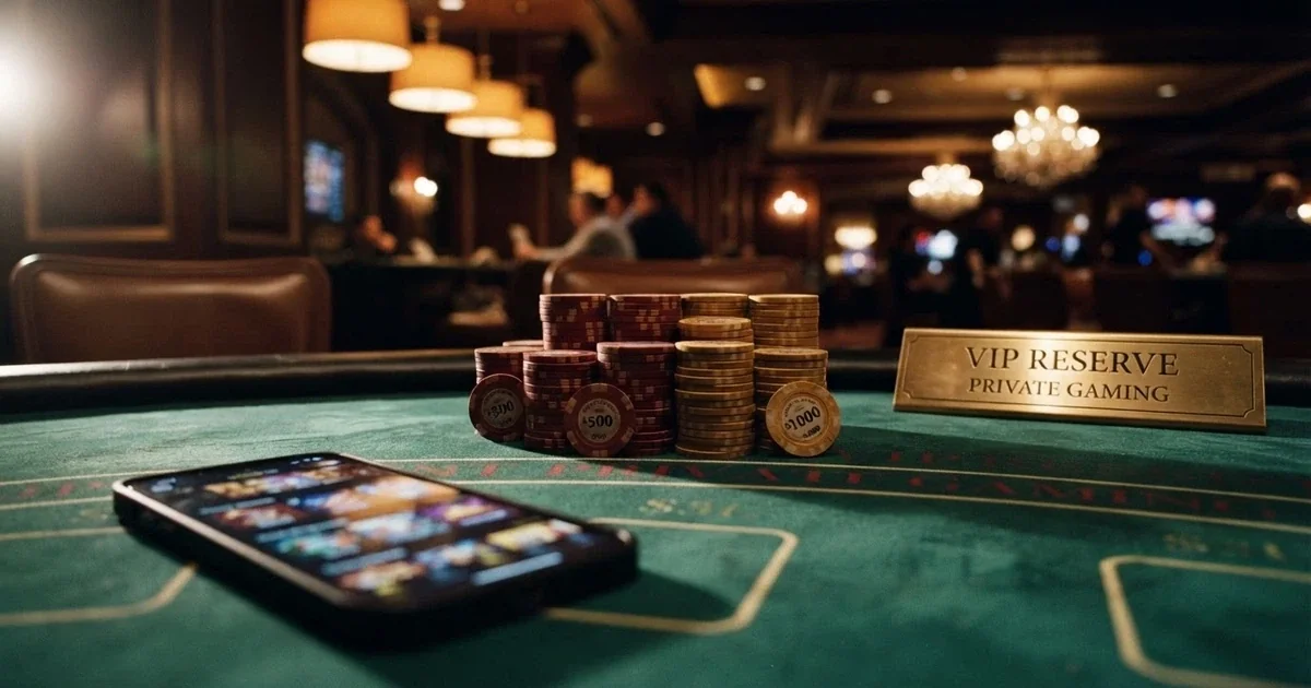 A high-stakes casino table with stacked AU-dollar chips, a VIP plaque and a smartphone displaying a casino lobby in the foreground