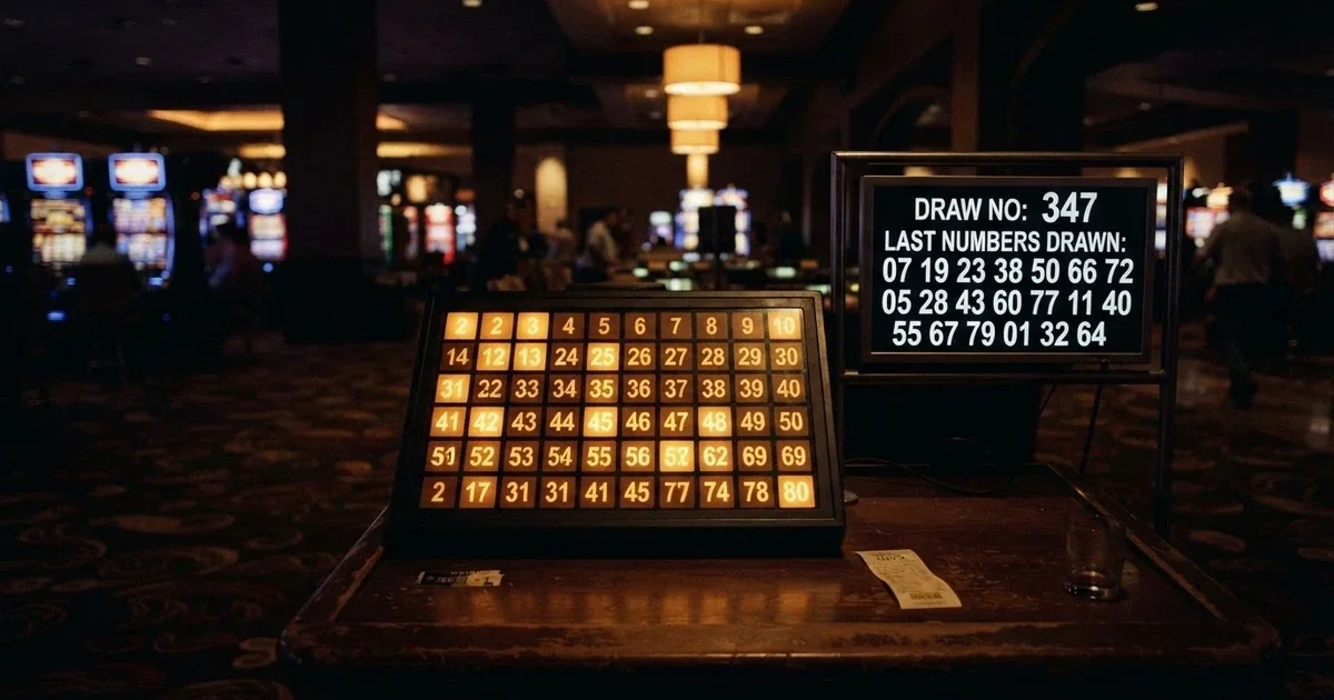 A keno number grid with illuminated numbers and a digital draw display, set against a dark casino-themed background