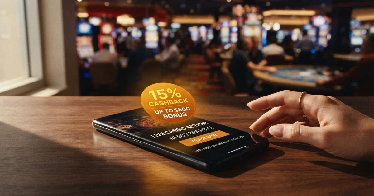 A smartphone screen displaying a cashback bonus offer at an online casino, with Australian dollar amounts and a percentage rebate badge visible