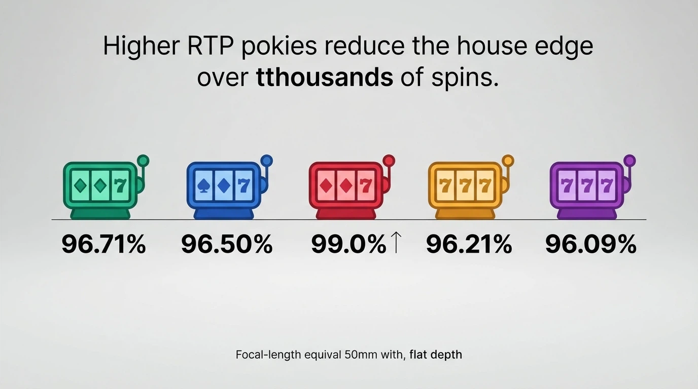 A grid of five colourful online pokie icons with percentage labels (96.71%, 96.50%, 99.0%, 96.21%, 96.09%) displayed beneath each one