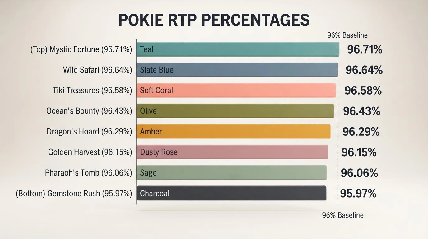 A bar chart or visual ranking of eight pokie titles by RTP percentage, with provider logos beside each bar