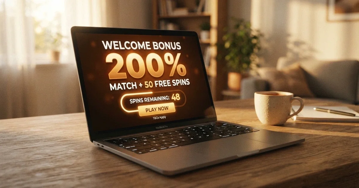 A laptop screen showing an online casino welcome bonus offer with a deposit-match percentage and free-spin count displayed on a registration page