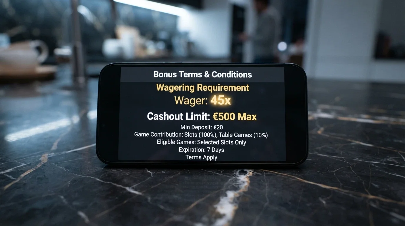A casino bonus terms pop-up highlighting the wagering multiple and max cashout clause