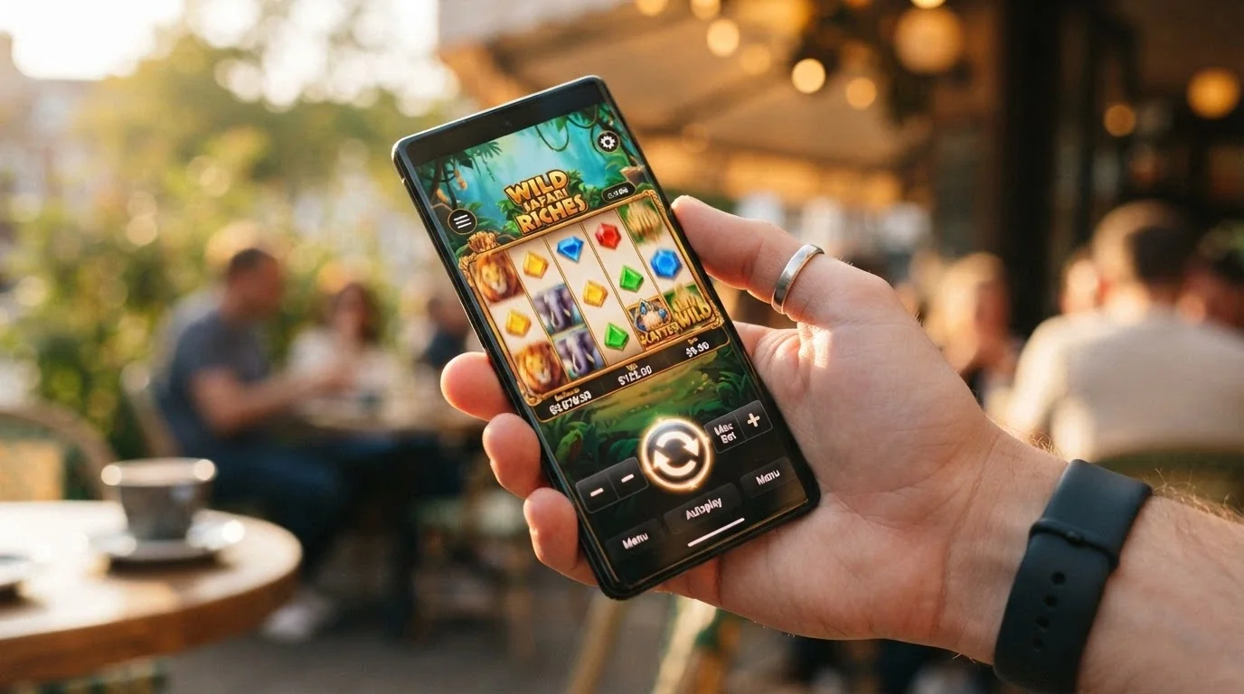 A Betsoft pokie running in a mobile browser with touch-optimised spin and bet controls