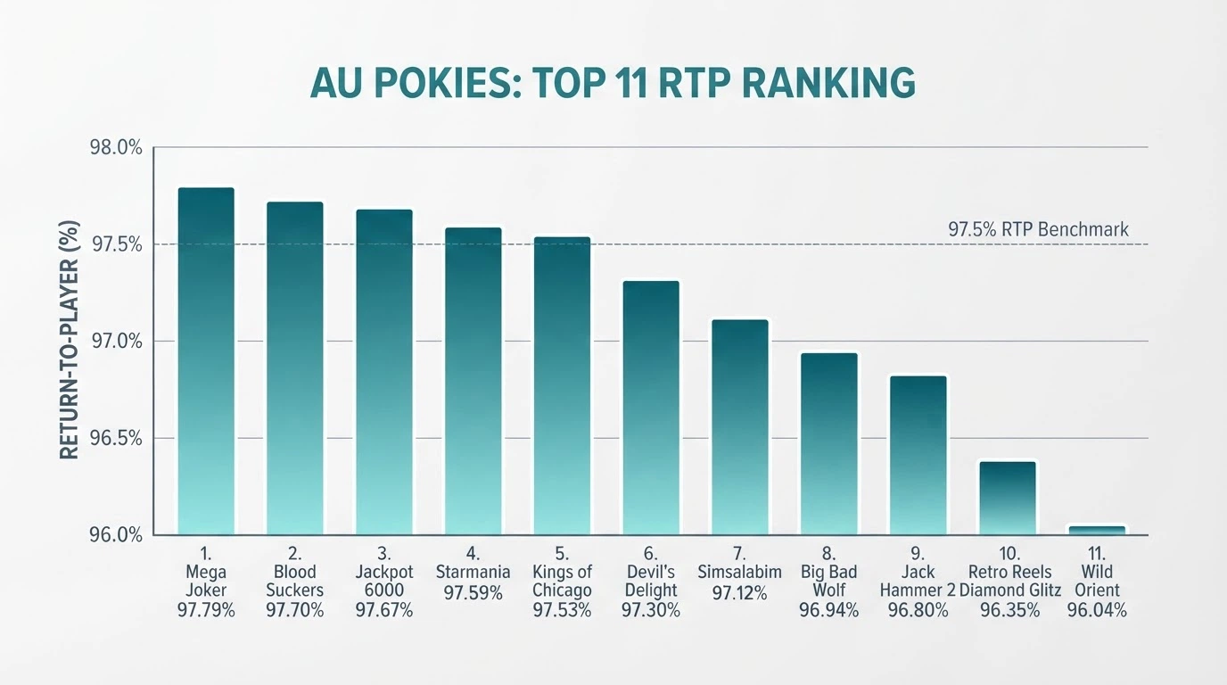 A bar chart ranking Betsoft pokies by RTP from Good Girl Bad Girl at 97.79% down to Midnight Bandits at 96.04%