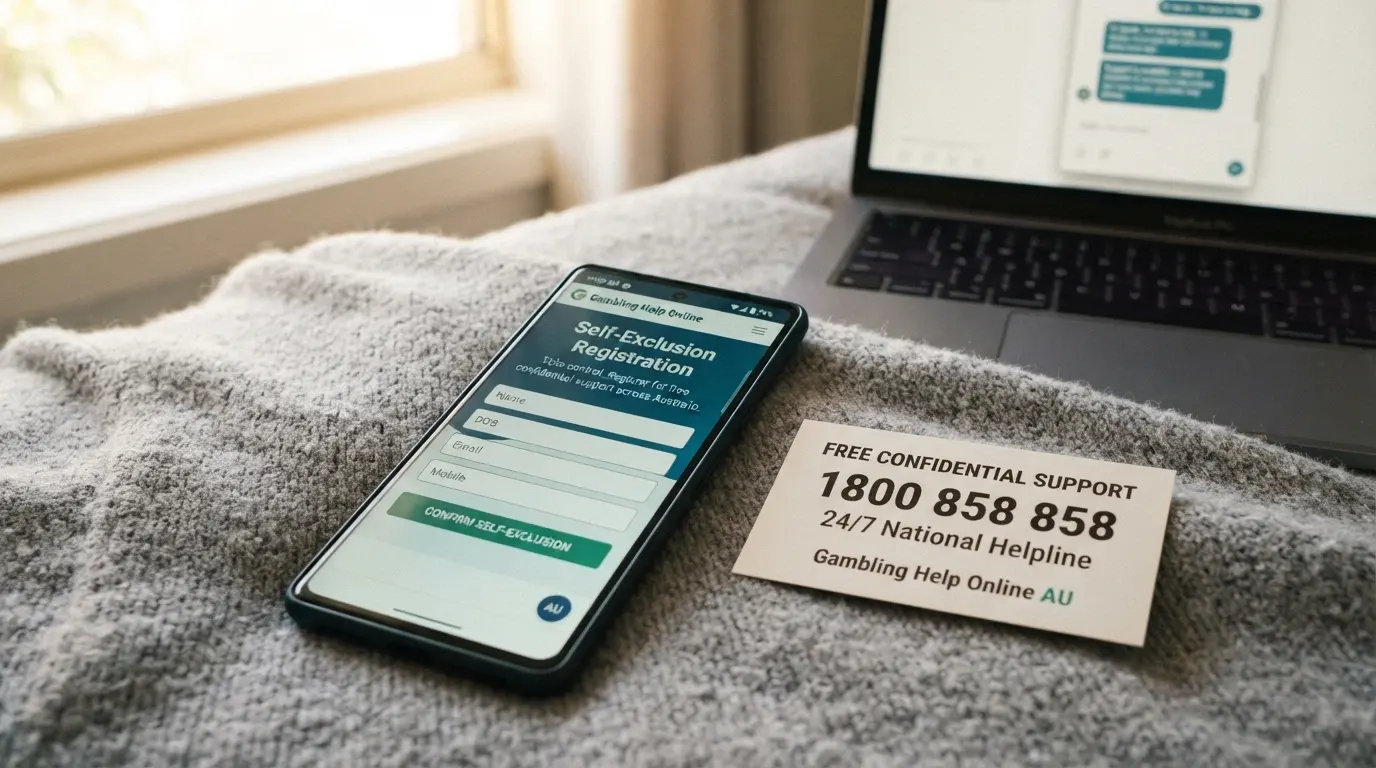 The BetStop logo on a screen beside a telephone receiver, with the number 1800 858 858 displayed prominently and a Gambling Help Online chat window visible