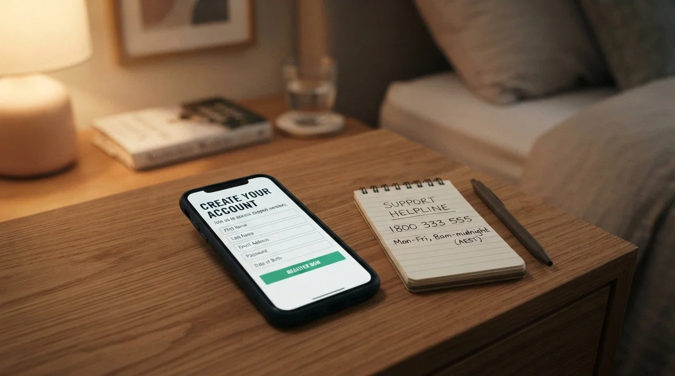 A smartphone screen showing the BetStop registration page beside a notepad with the National Gambling Helpline number 1800 858 858 written on it
