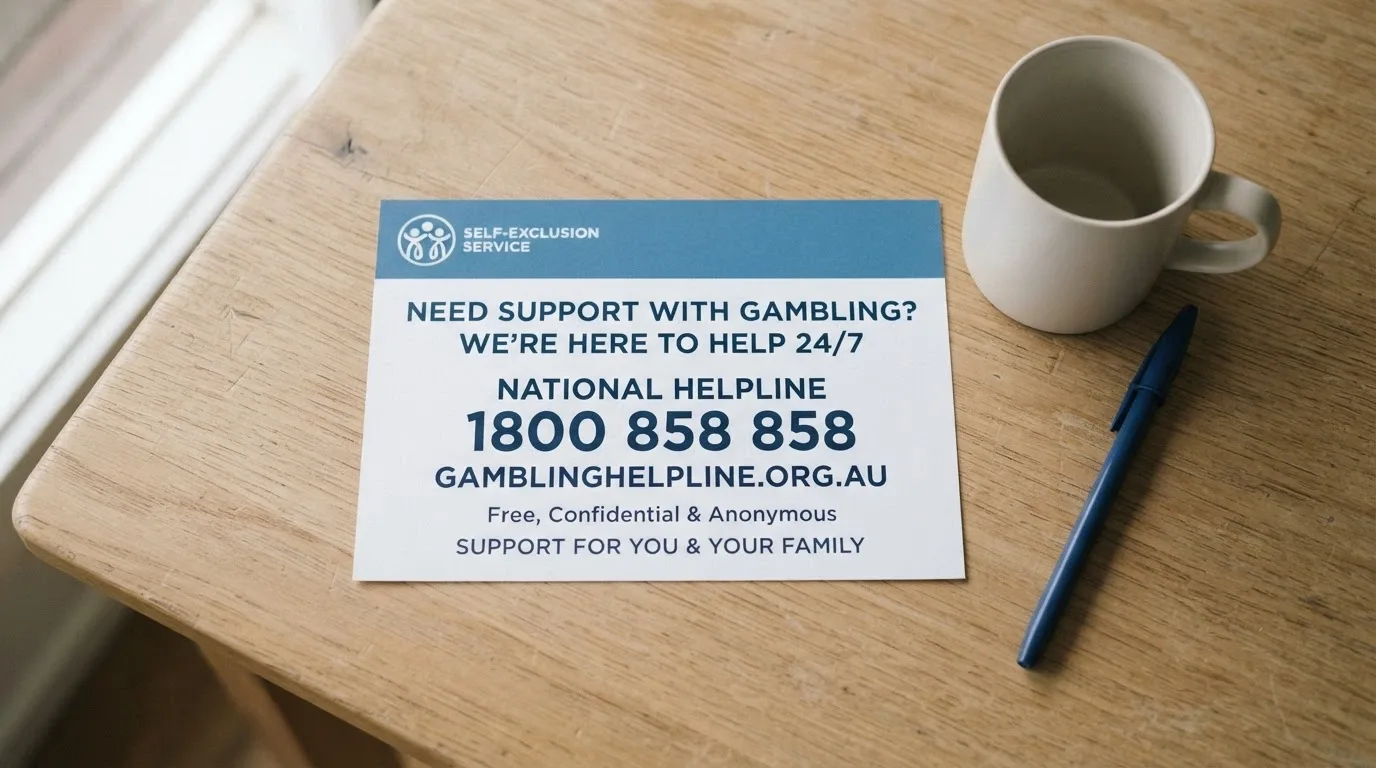 A support card layout showing the BetStop logo, the National Gambling Helpline number 1800 858 858, and the Gambling Help Online web address in a clean, accessible design