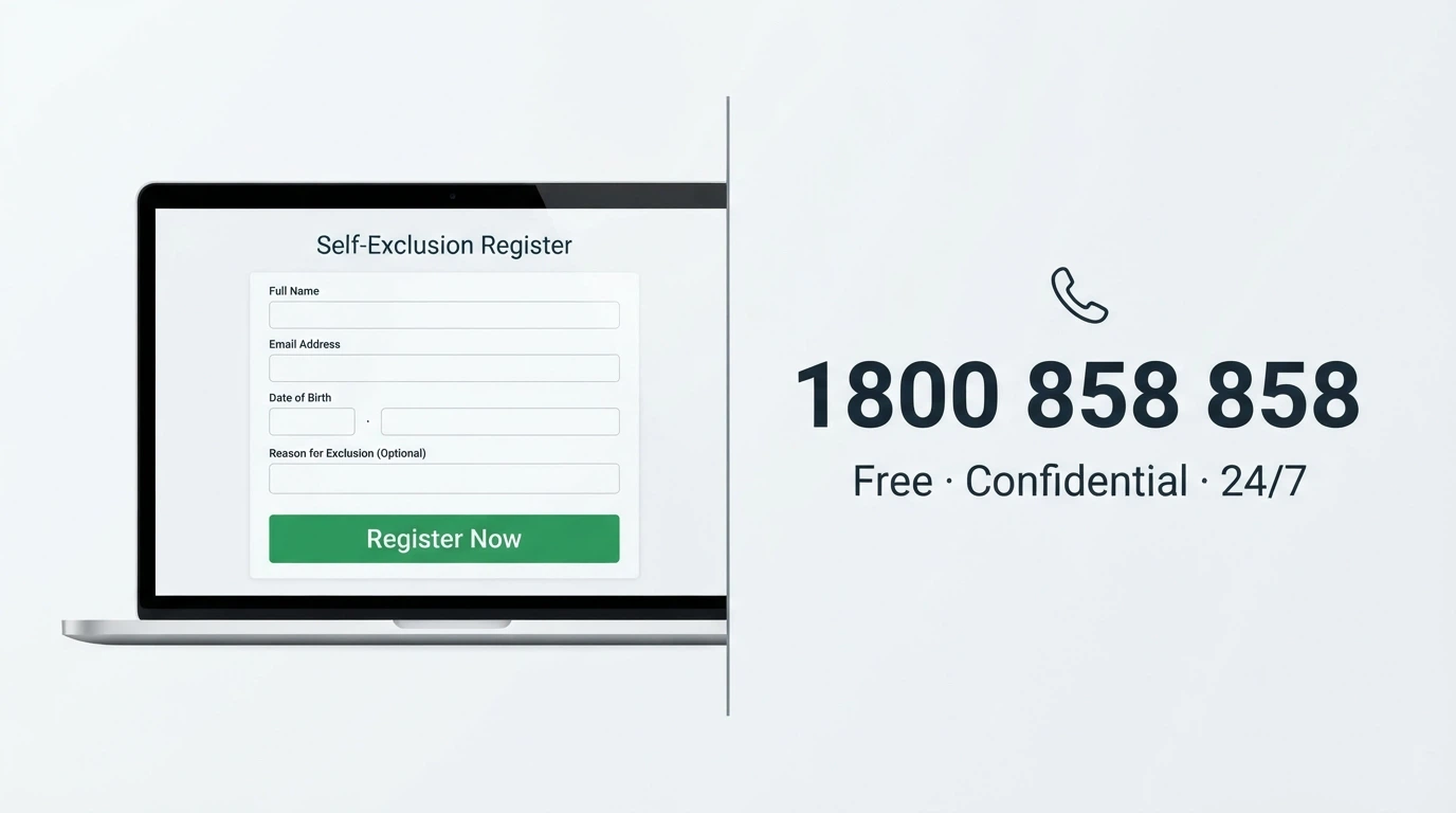 A split composition: the BetStop register landing page on one side, the 1800 858 858 helpline number prominent on the other