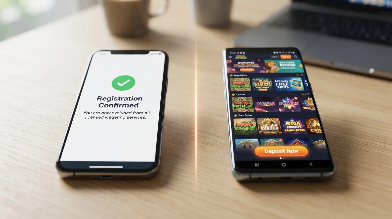 A smartphone displaying the BetStop registration confirmation screen beside a second phone showing an offshore casino lobby, with a clear visual divide between the protected and unprotected space