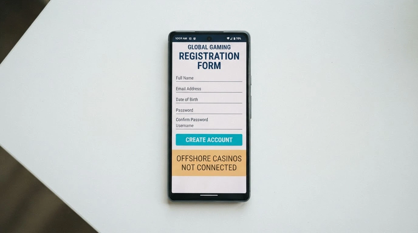 A smartphone screen showing the BetStop registration page with a warning overlay that reads “offshore casinos not connected”